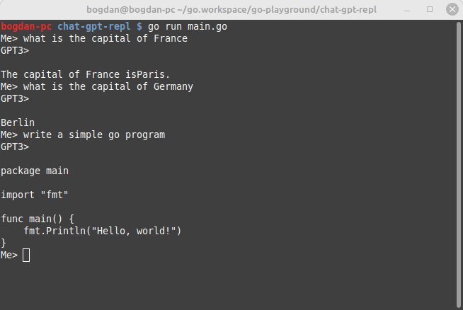 Write a REPL using GPT-3 and Go
